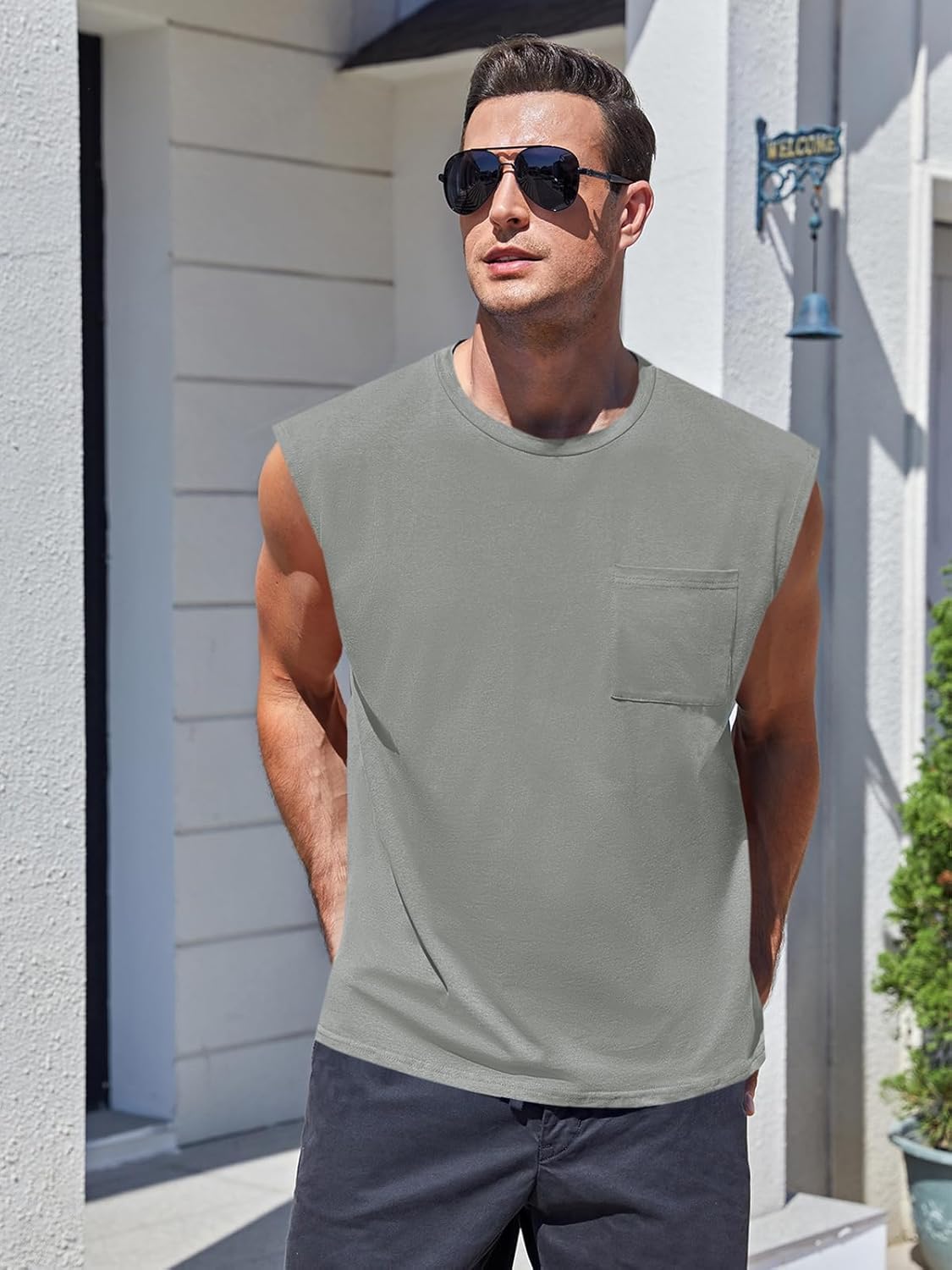 Mens Sleeveless Tank Tops Workout Cut Off Shirts Muscle Gym T Shirts with Pocket