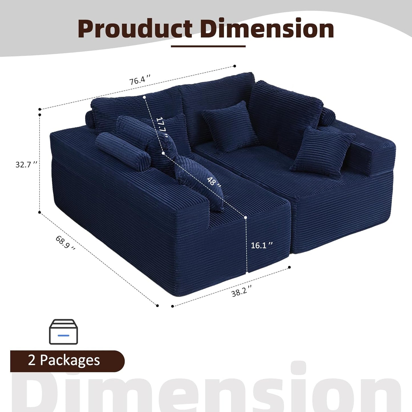 107" Boneless Couch with Deep Seat Cloud Sectional Couch for Living Room
