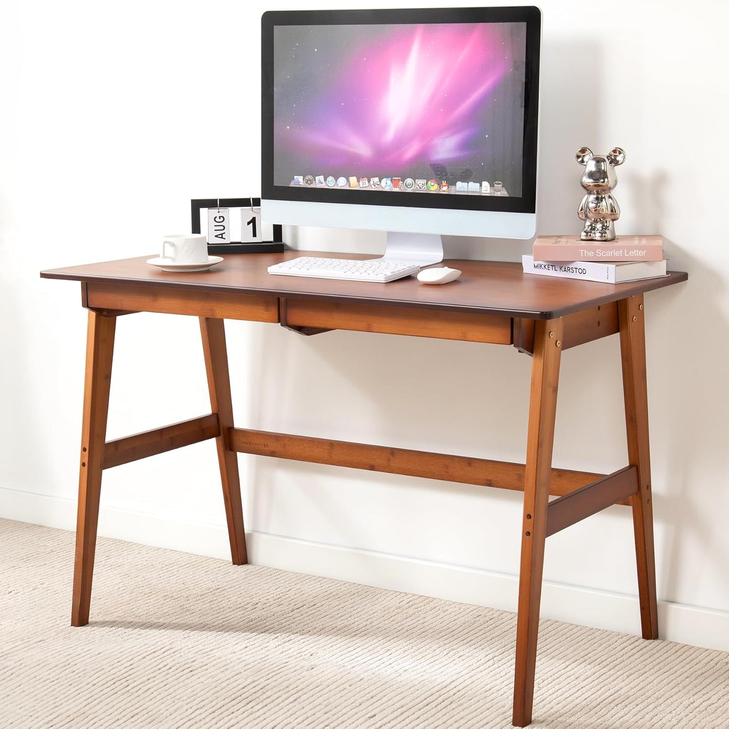 Writing Computer Desk 46" Bamboo Home Office Table with 2 Drawers