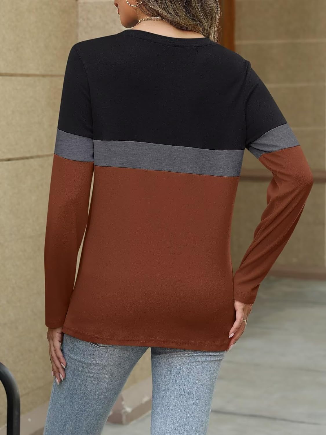 Women Long Sleeve Color Block Tunics Tops Round Neck Shirts Casual Blouses