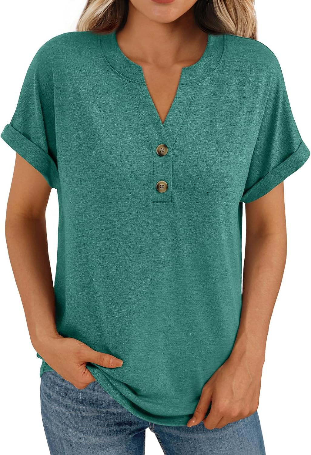 Women's Short Sleeve Shirts Henley Dressy Casual Summer Tops