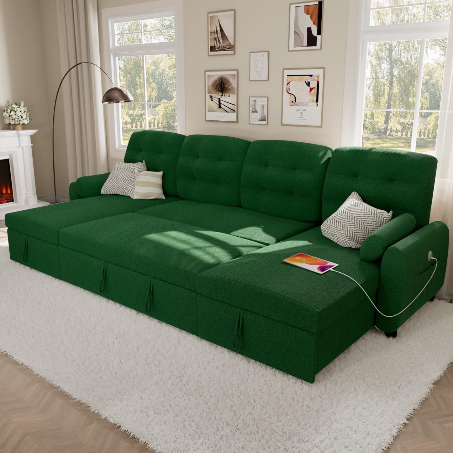 Sectional Sleeper Sofa with Storage Chaise USB Port, Side Pocket Removable Back 87" Couch in Black Linen