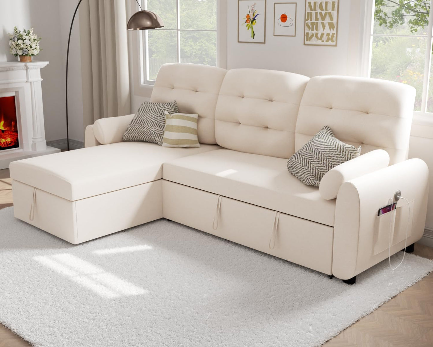 Sectional Sleeper Sofa with Storage Chaise USB Port, Side Pocket Removable Back 87" Couch in Black Linen