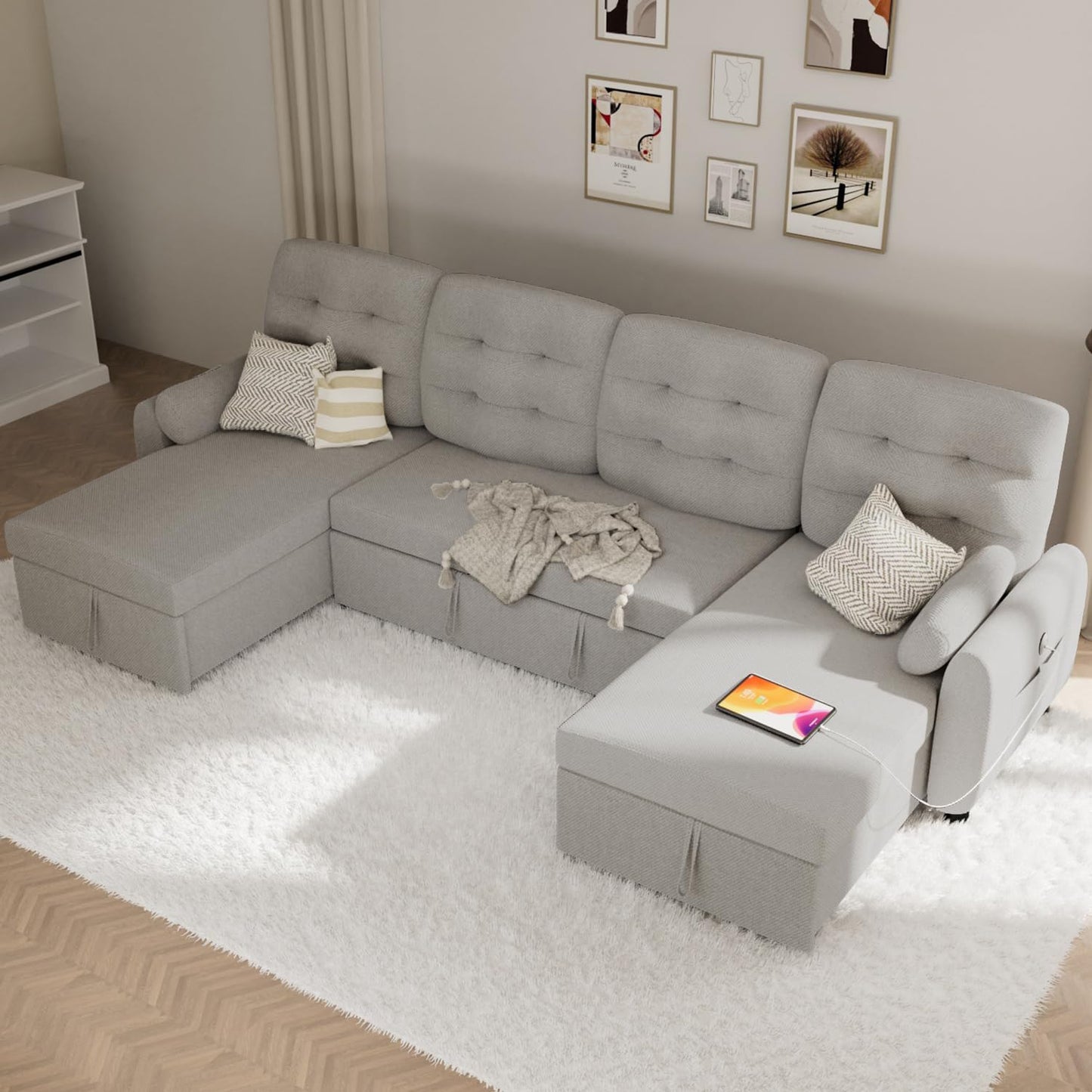Sectional Sleeper Sofa with Storage Chaise USB Port, Side Pocket Removable Back 87" Couch in Black Linen