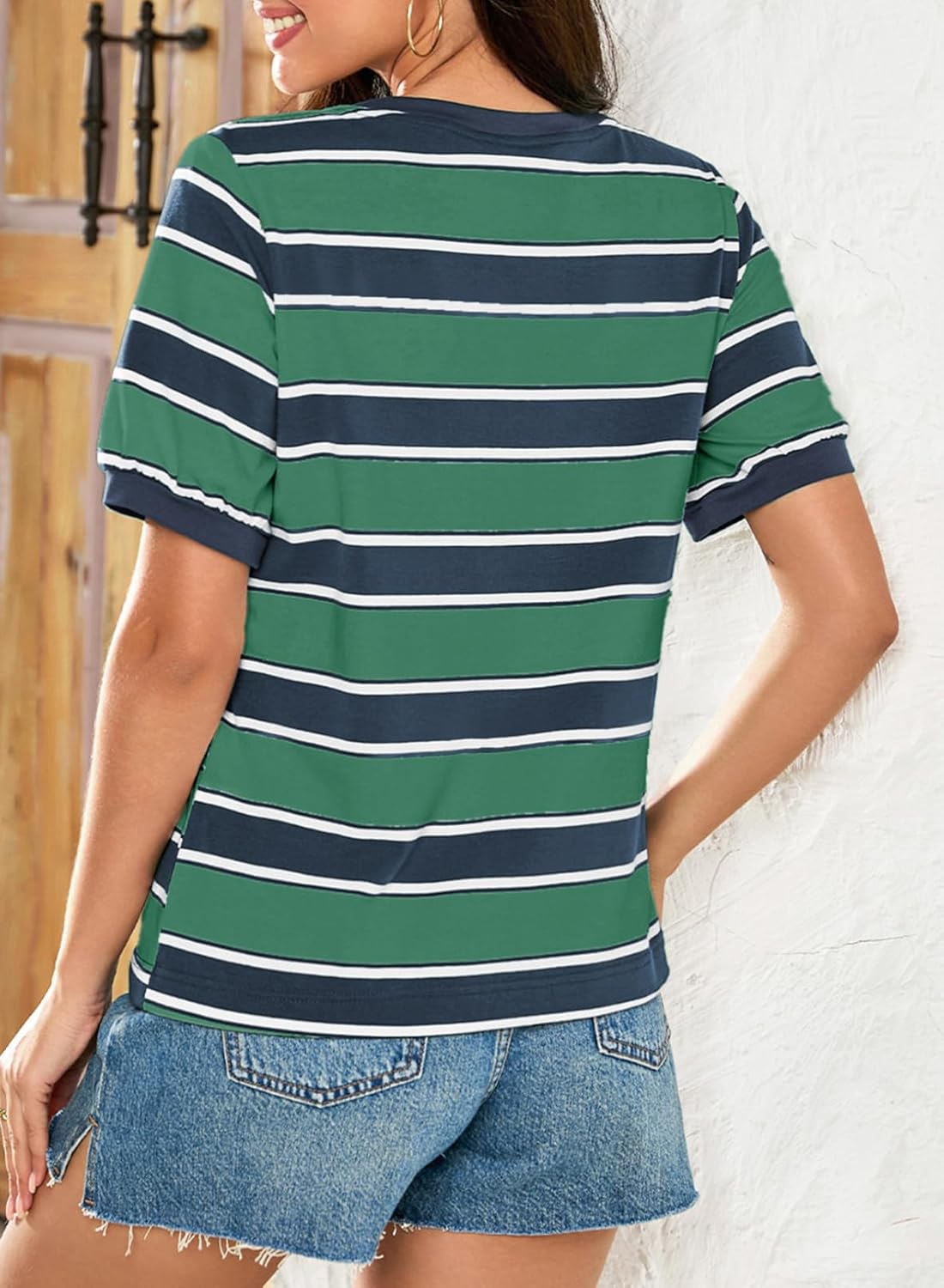 Striped Color Block Short Sleeve T-Shirts Crewneck Casual Loose Basic Tee Blouses