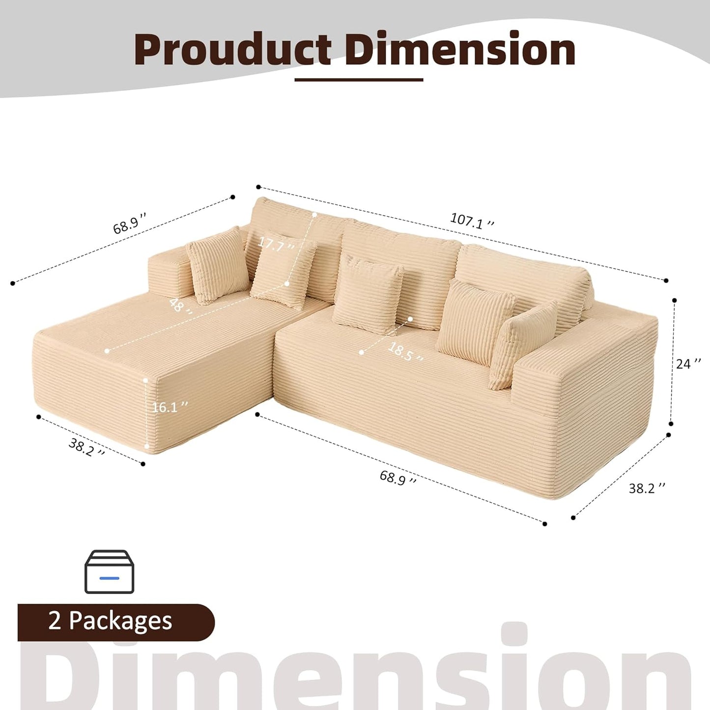 107" Boneless Couch with Deep Seat Cloud Sectional Couch for Living Room