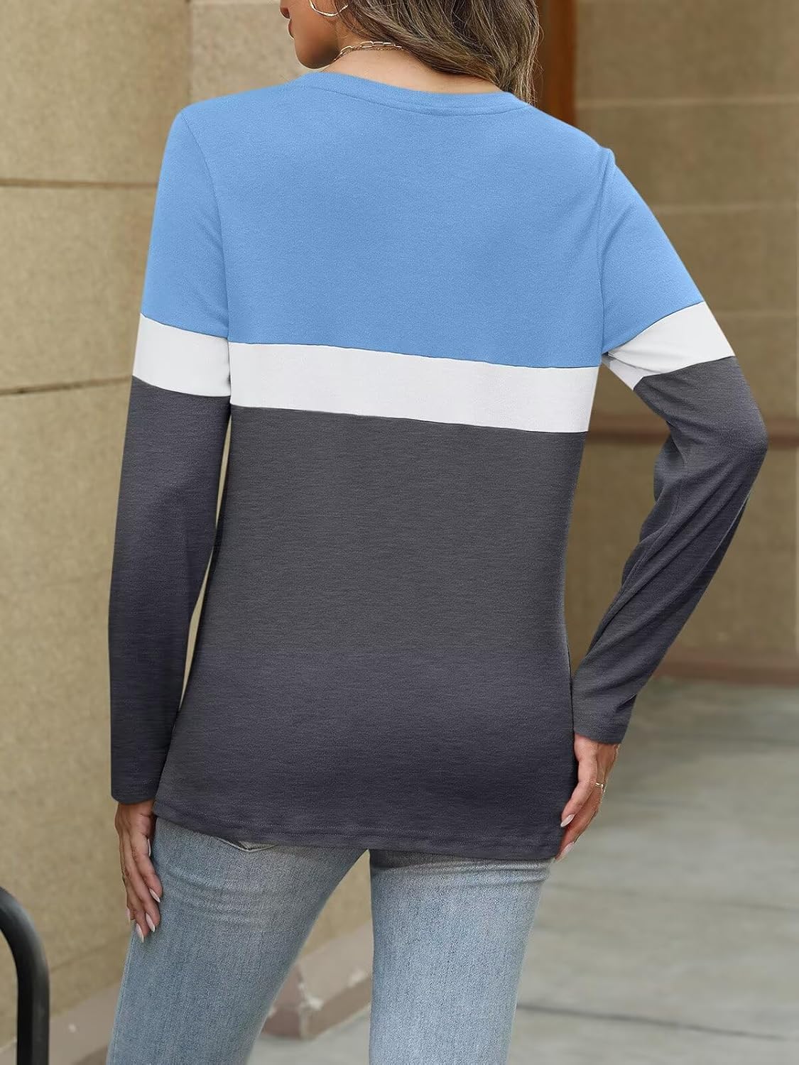 Women Long Sleeve Color Block Tunics Tops Round Neck Shirts Casual Blouses
