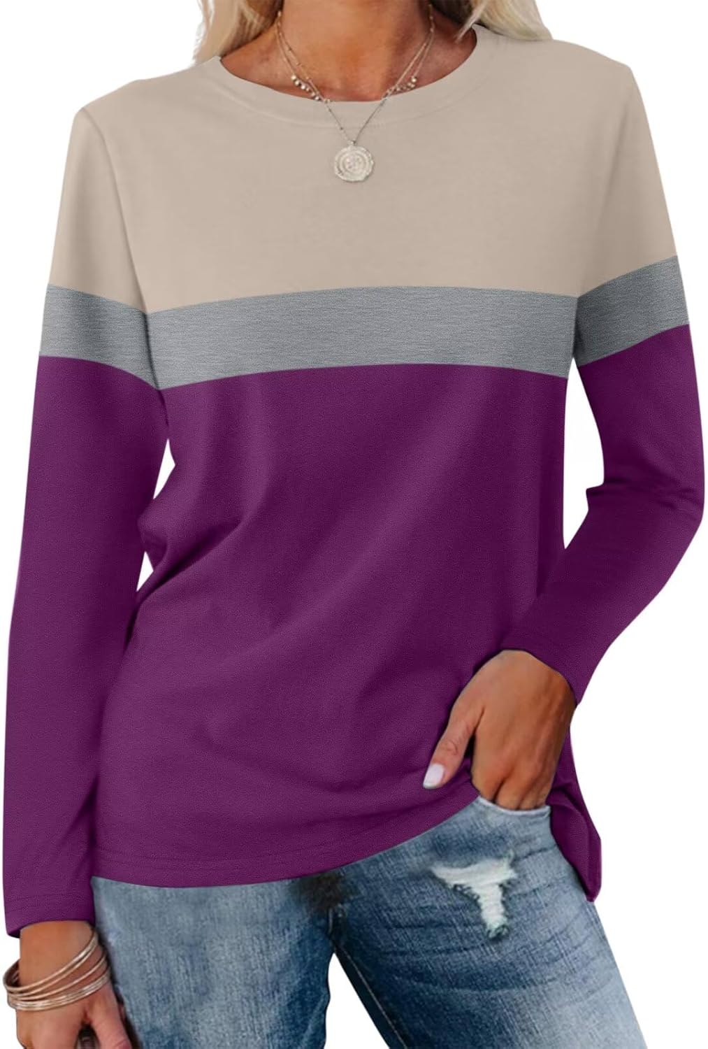 Women Long Sleeve Color Block Tunics Tops Round Neck Shirts Casual Blouses