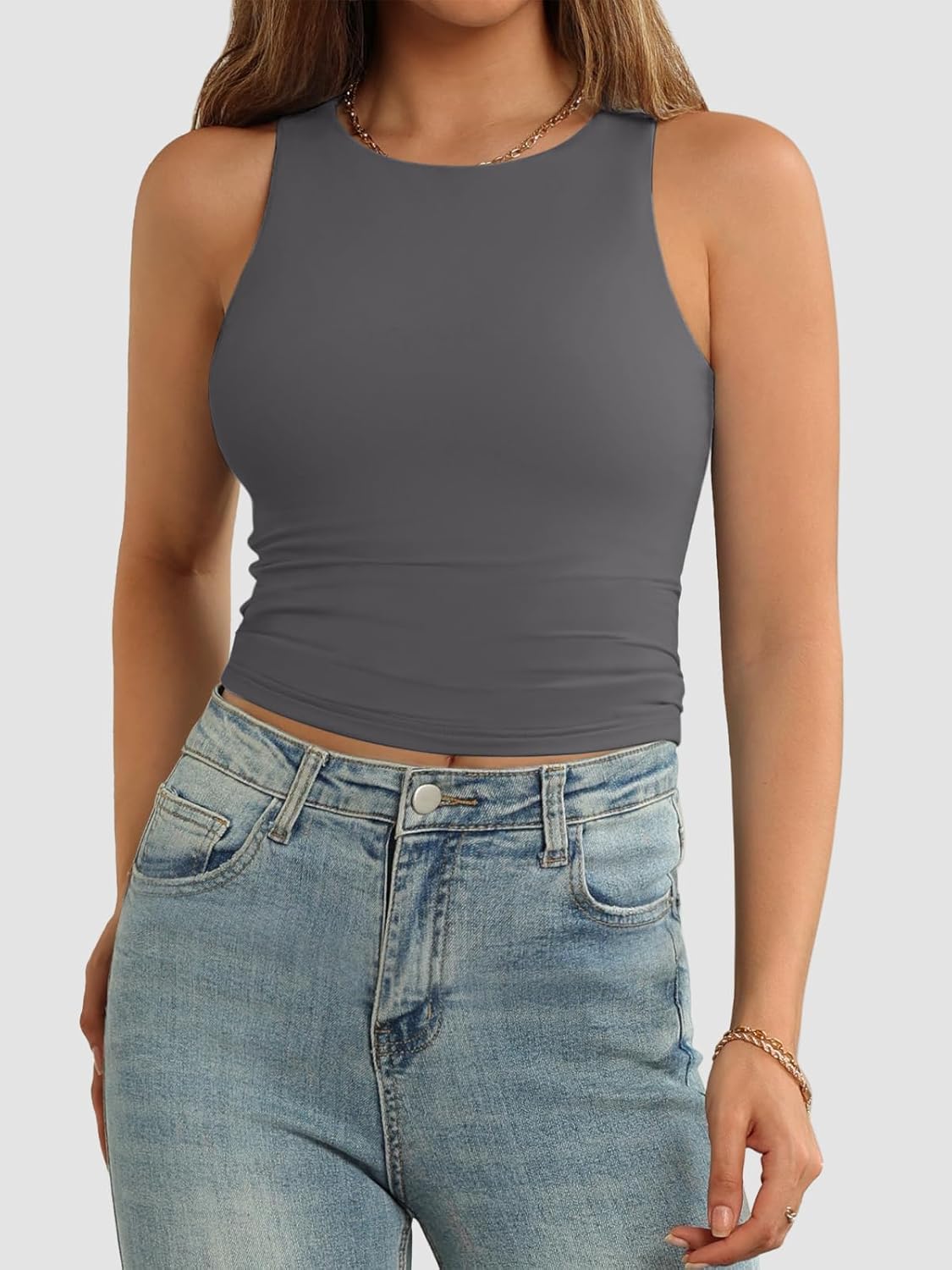 Womens Double Lined Crop Tank Tops Casual Basic Shirts Sleeveless Tops