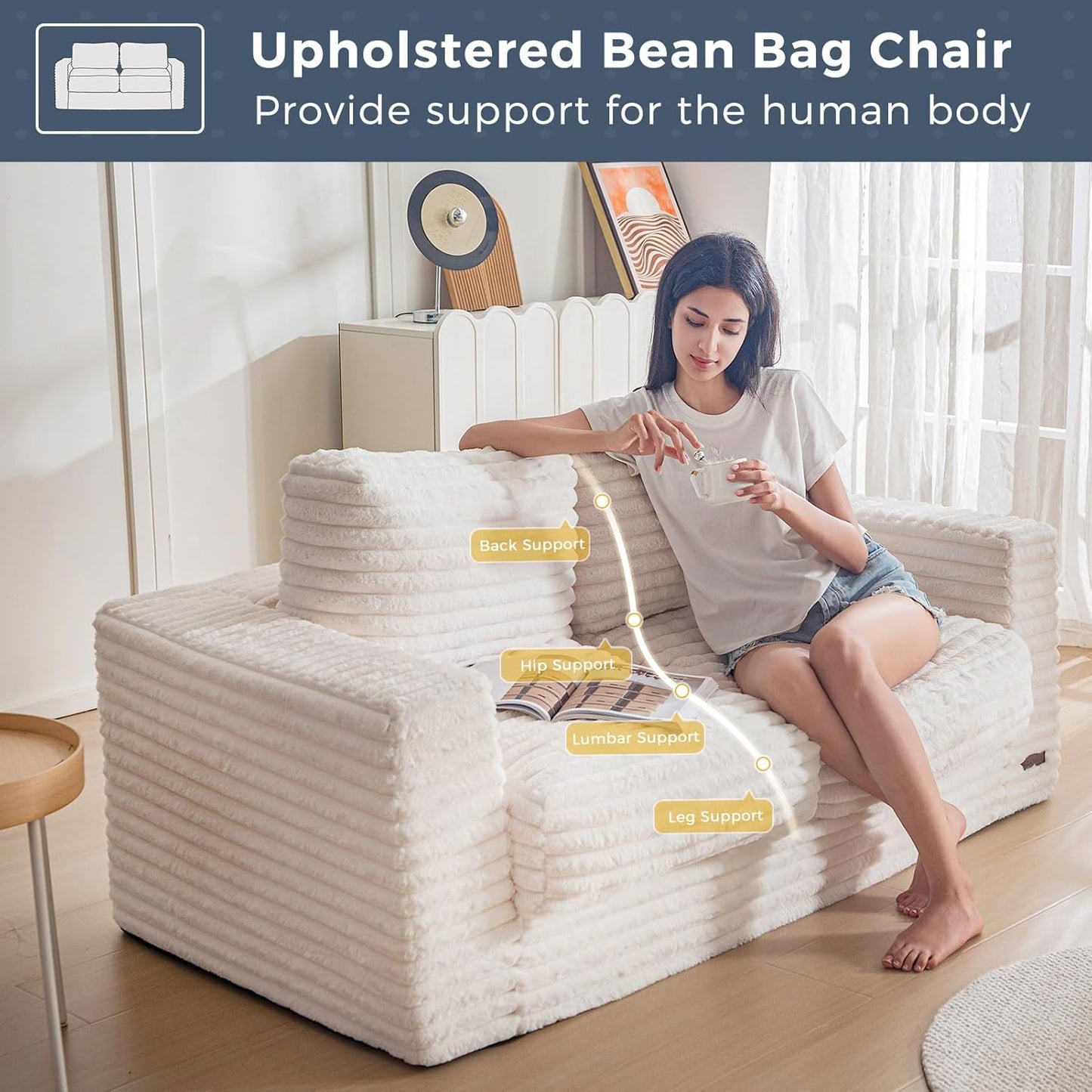 Plush Giant Bean Bag Sofa for Adults Floor Loveseat Chair with Armrests White
