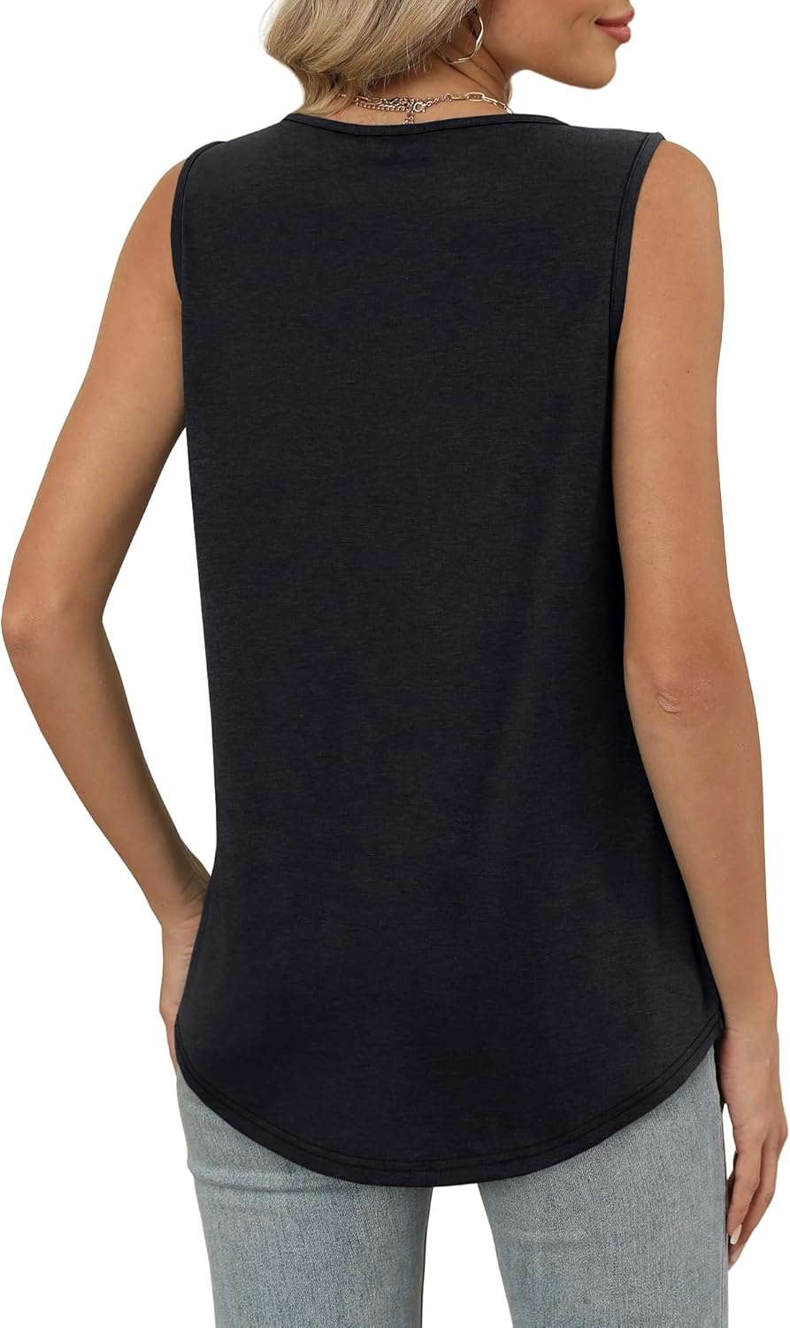 Womens V Neck Tank Top Loose Fit Sleeveless Summer Shirt Ruched Tees and Tanks with Curved Hem