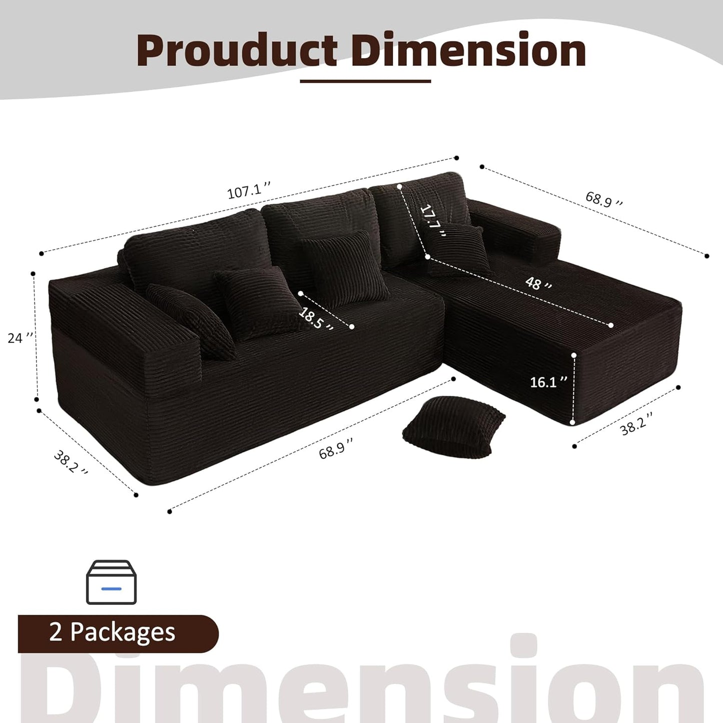 107" Boneless Couch with Deep Seat Cloud Sectional Couch for Living Room