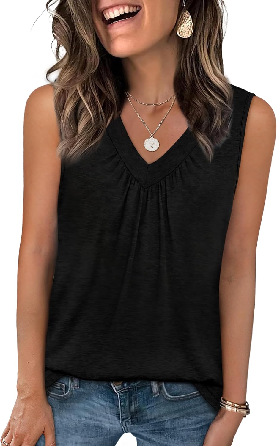Womens V Neck Tank Top Loose Fit Sleeveless Summer Shirt Ruched Tees and Tanks with Curved Hem