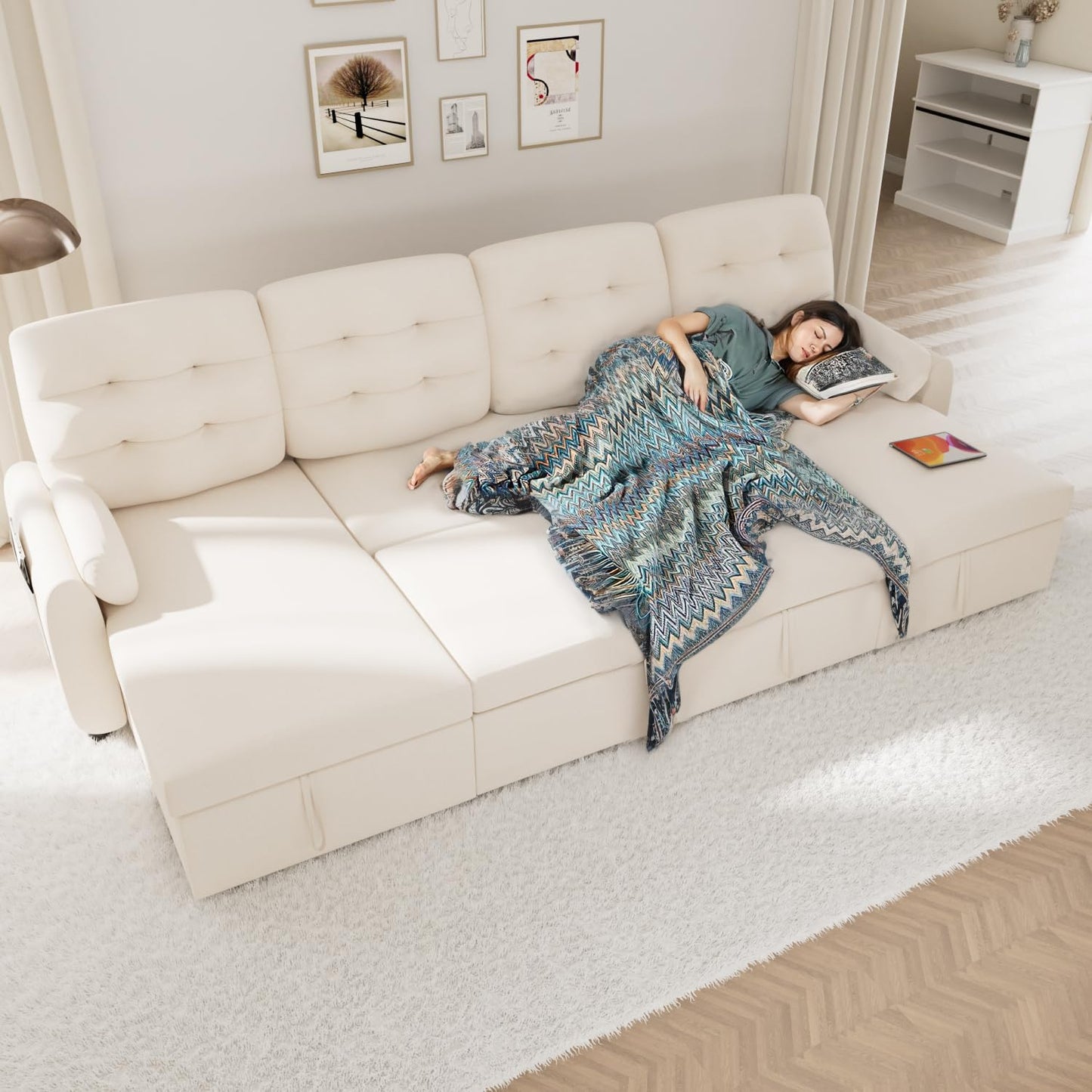 Sectional Sleeper Sofa with Storage Chaise USB Port, Side Pocket Removable Back 87" Couch in Black Linen