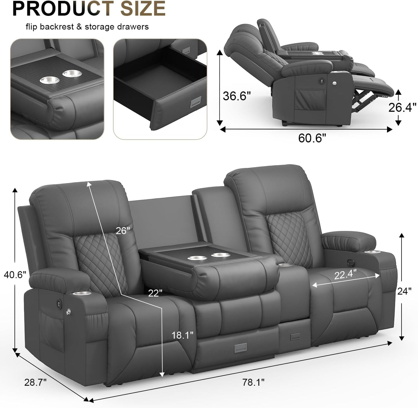 YONISEE 3 Seat Recliner Sofa, Large Reclining Sofa with Storage Console, Manual Reclining Chair with USB Ports, 2 Cell Phone Holder, 3 Seater Loveseat Recliner Couch for Living Room