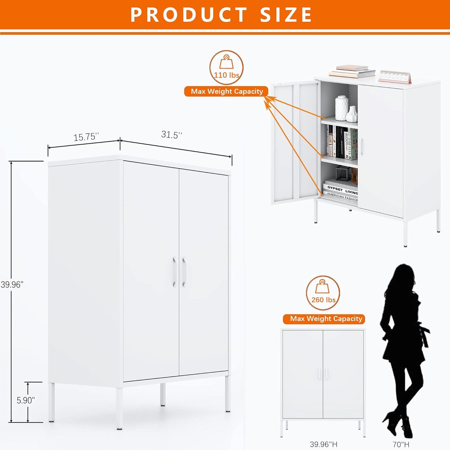 2 Door Storage Sideboard Metal Storage Cabinet with 2 Adjustable Shelf