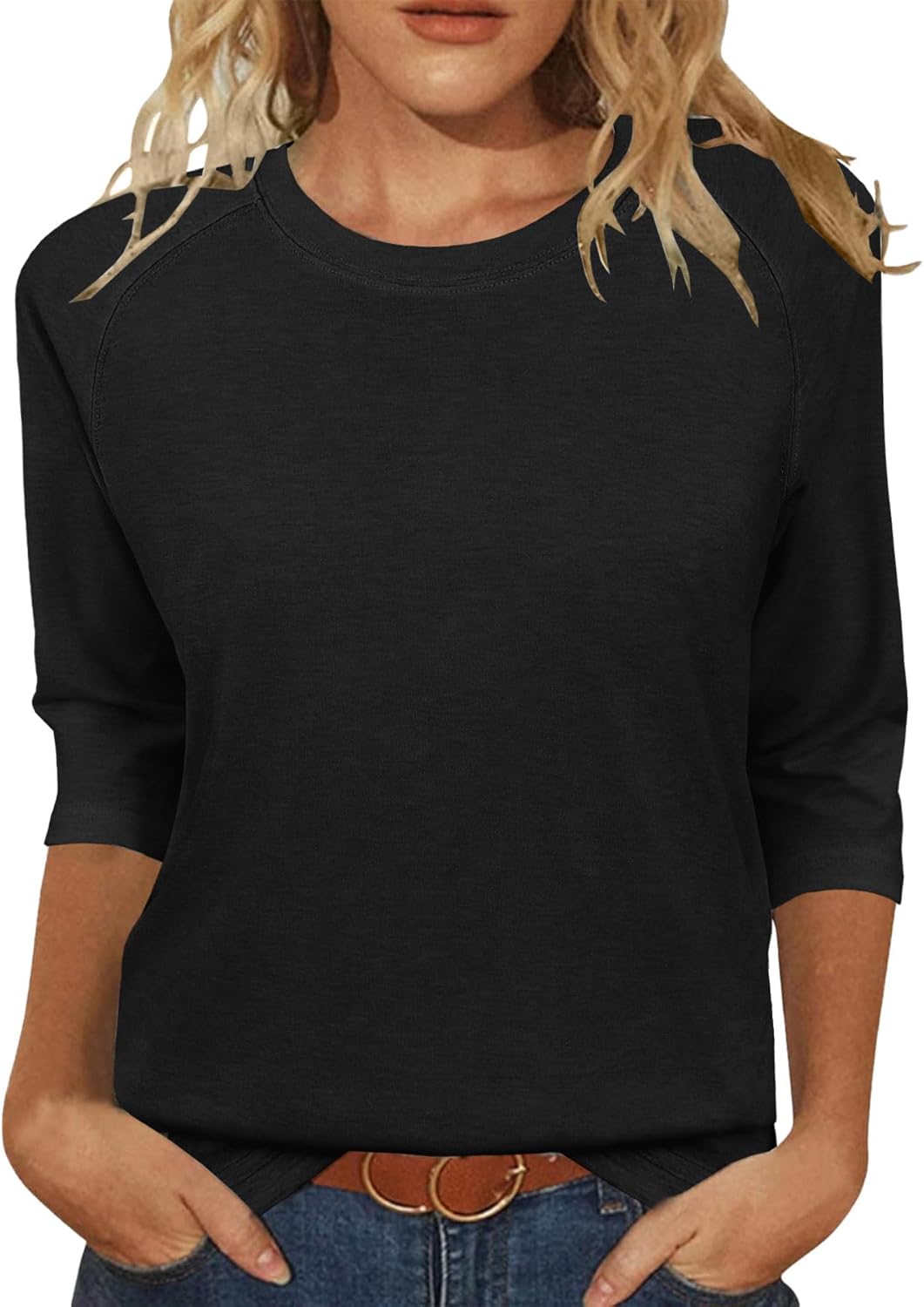 3/4 Sleeve Crew Neck Shirts Loose Fit Tunic Blouses Summer Tees