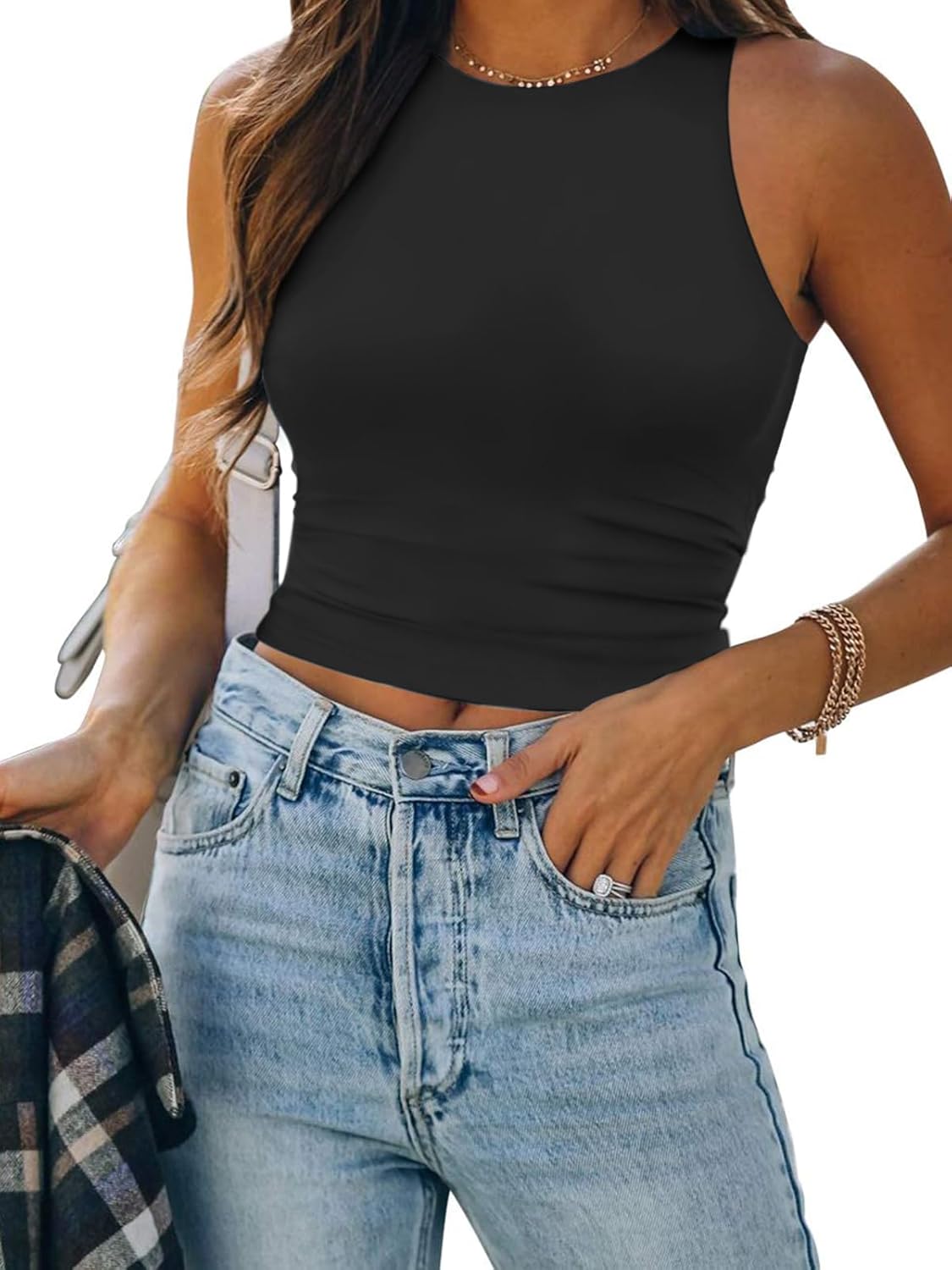 Womens Double Lined Crop Tank Tops Casual Basic Shirts Sleeveless Tops