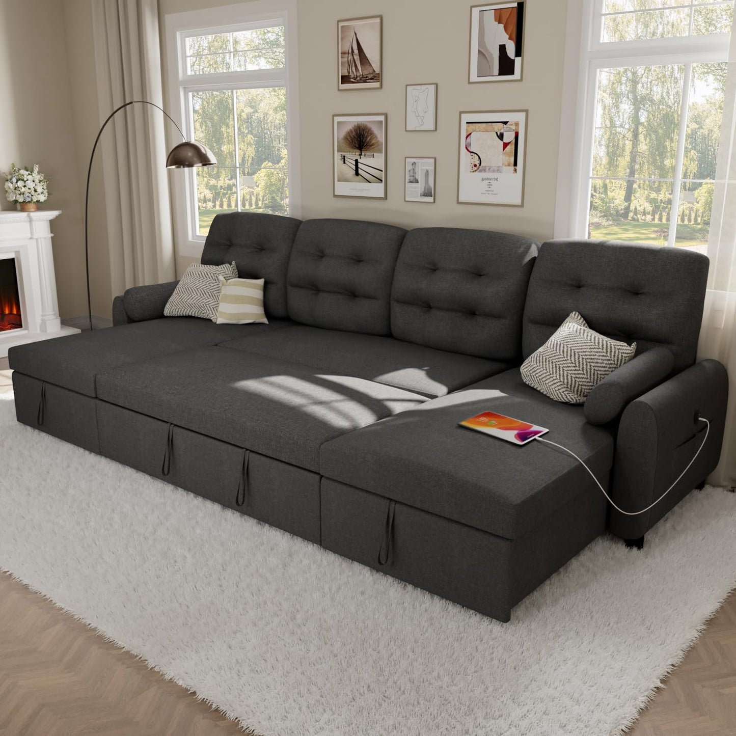 Sectional Sleeper Sofa with Storage Chaise USB Port, Side Pocket Removable Back 87" Couch in Black Linen