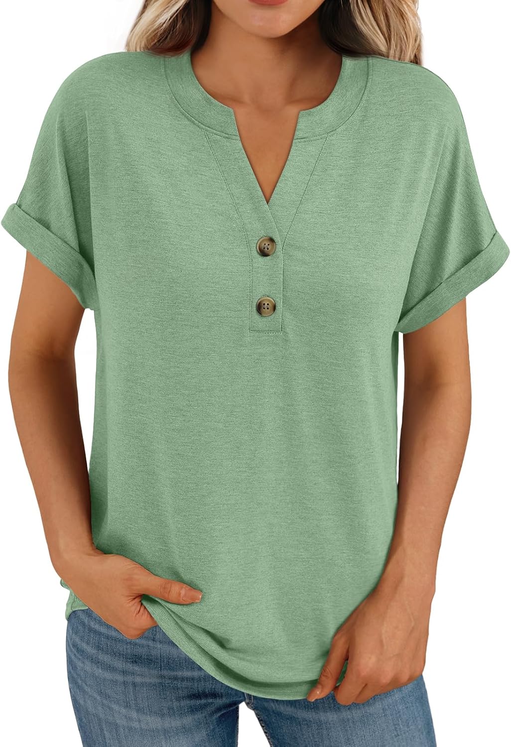 Women's Short Sleeve Shirts Henley Dressy Casual Summer Tops