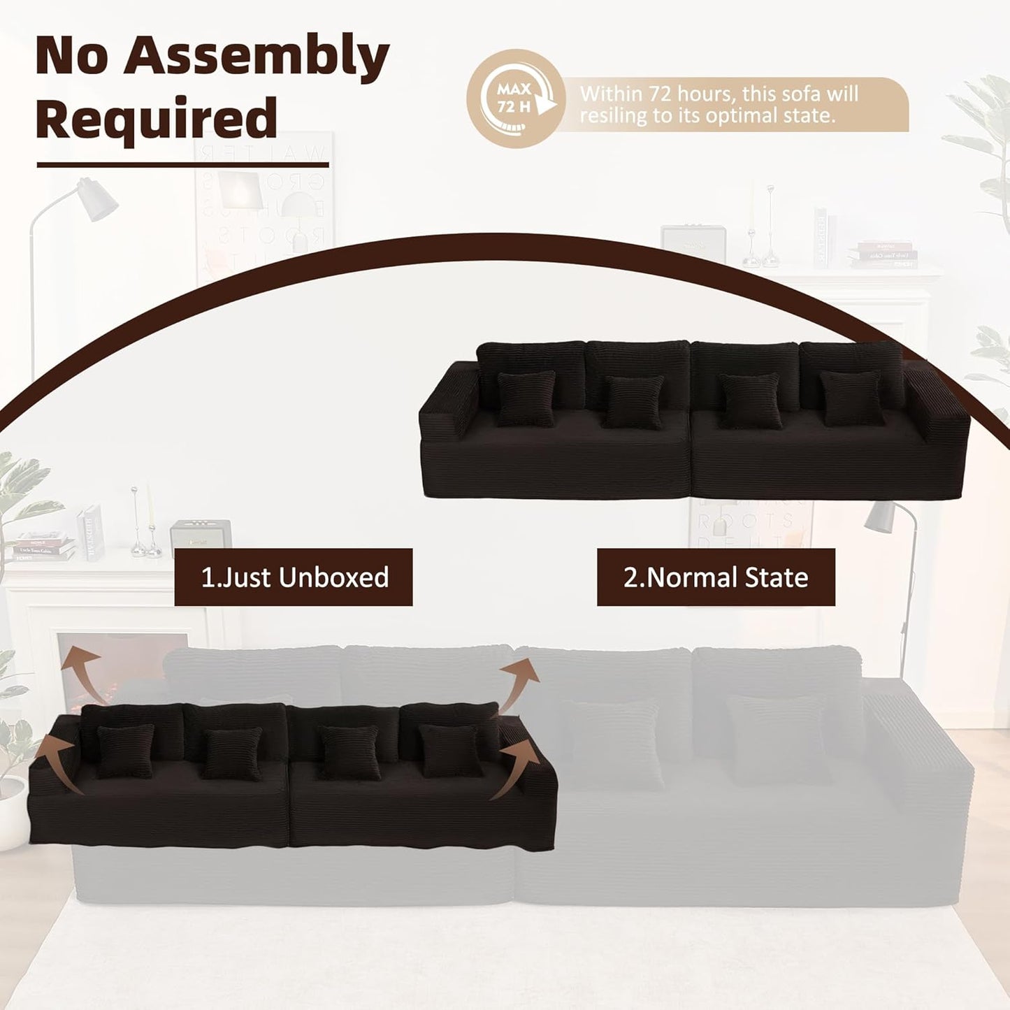 107" Boneless Couch with Deep Seat Cloud Sectional Couch for Living Room