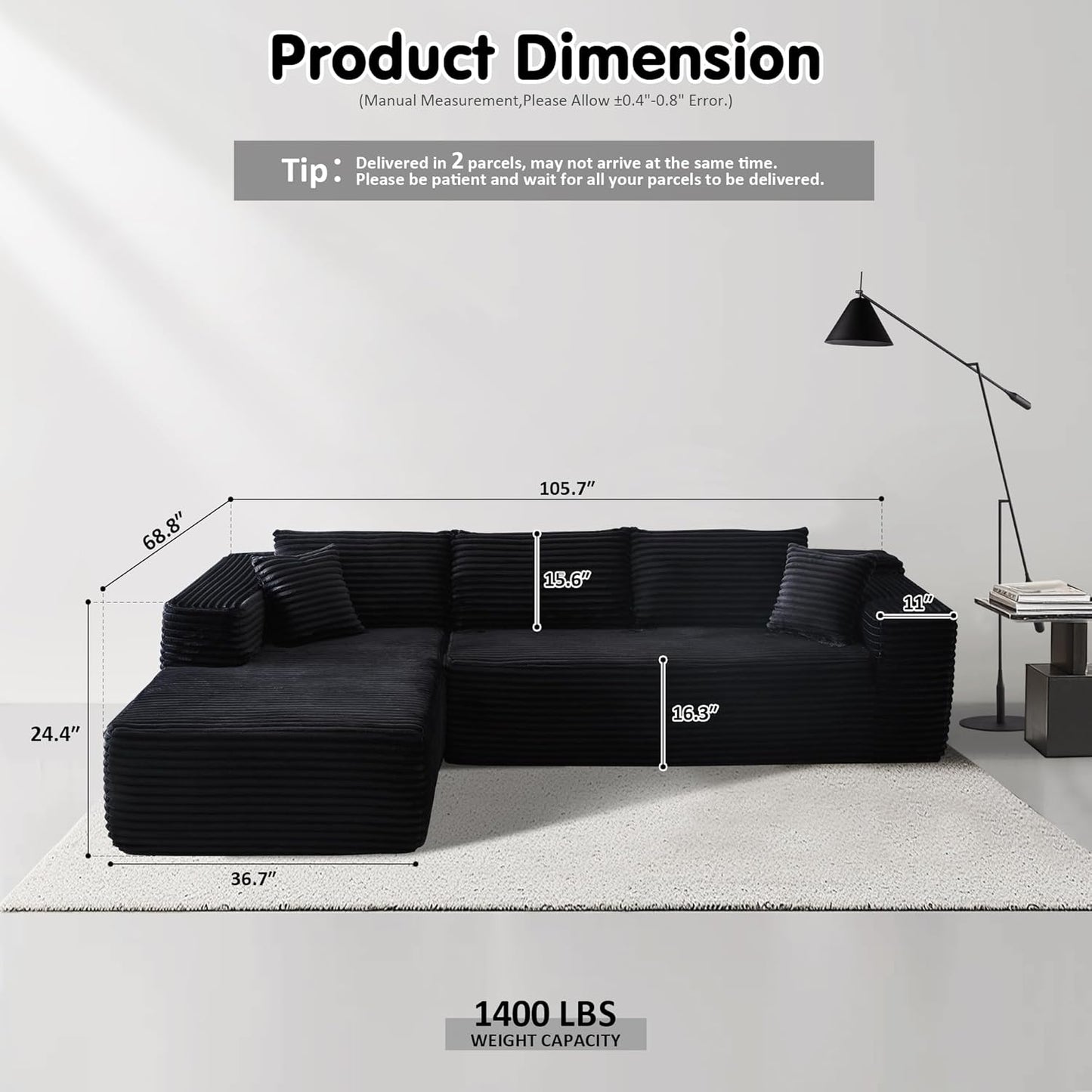 104" Cloud Sectional Couch with L-Shape Chaise