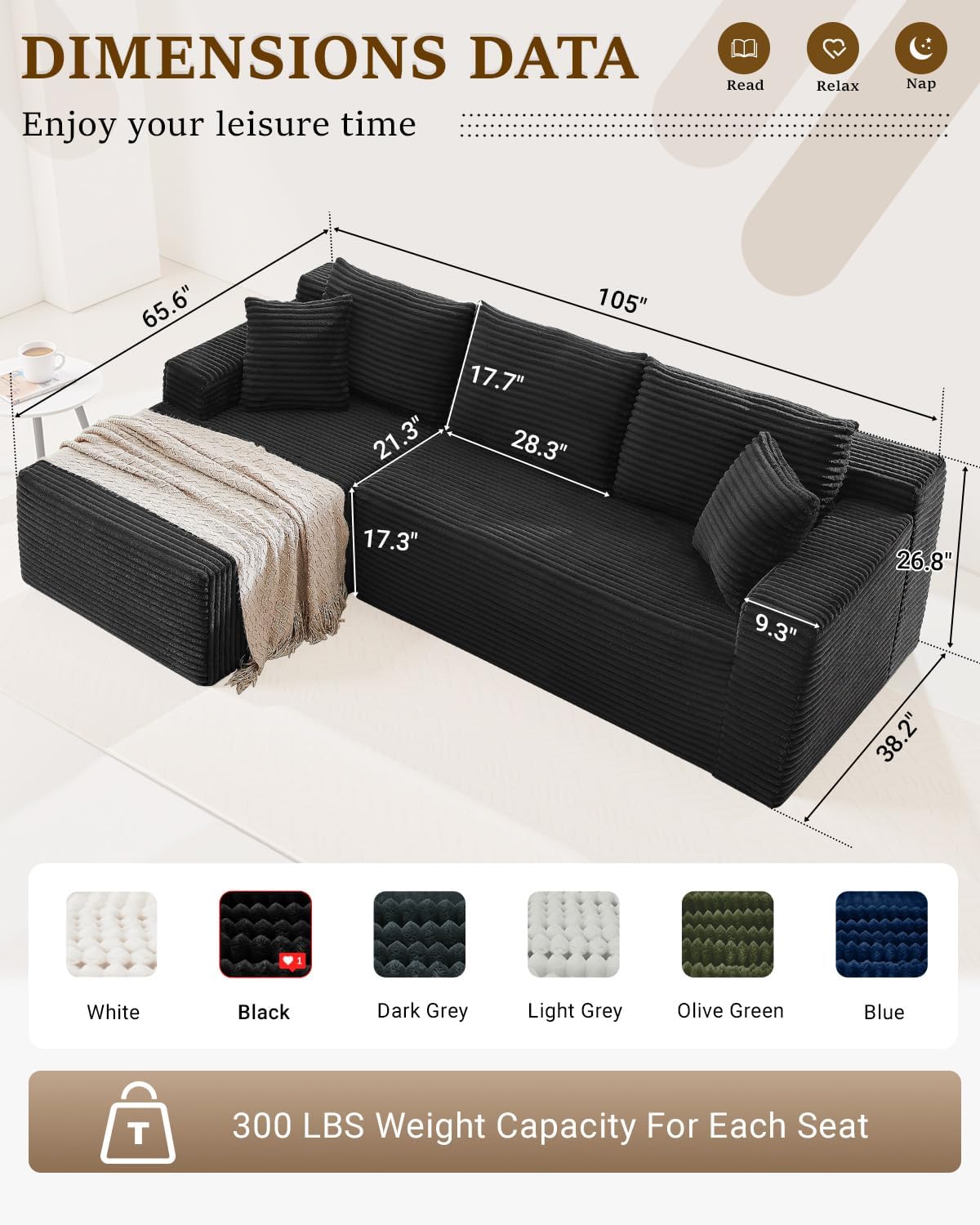 105 Inch Cloud Sectional Couch with Deep Seat