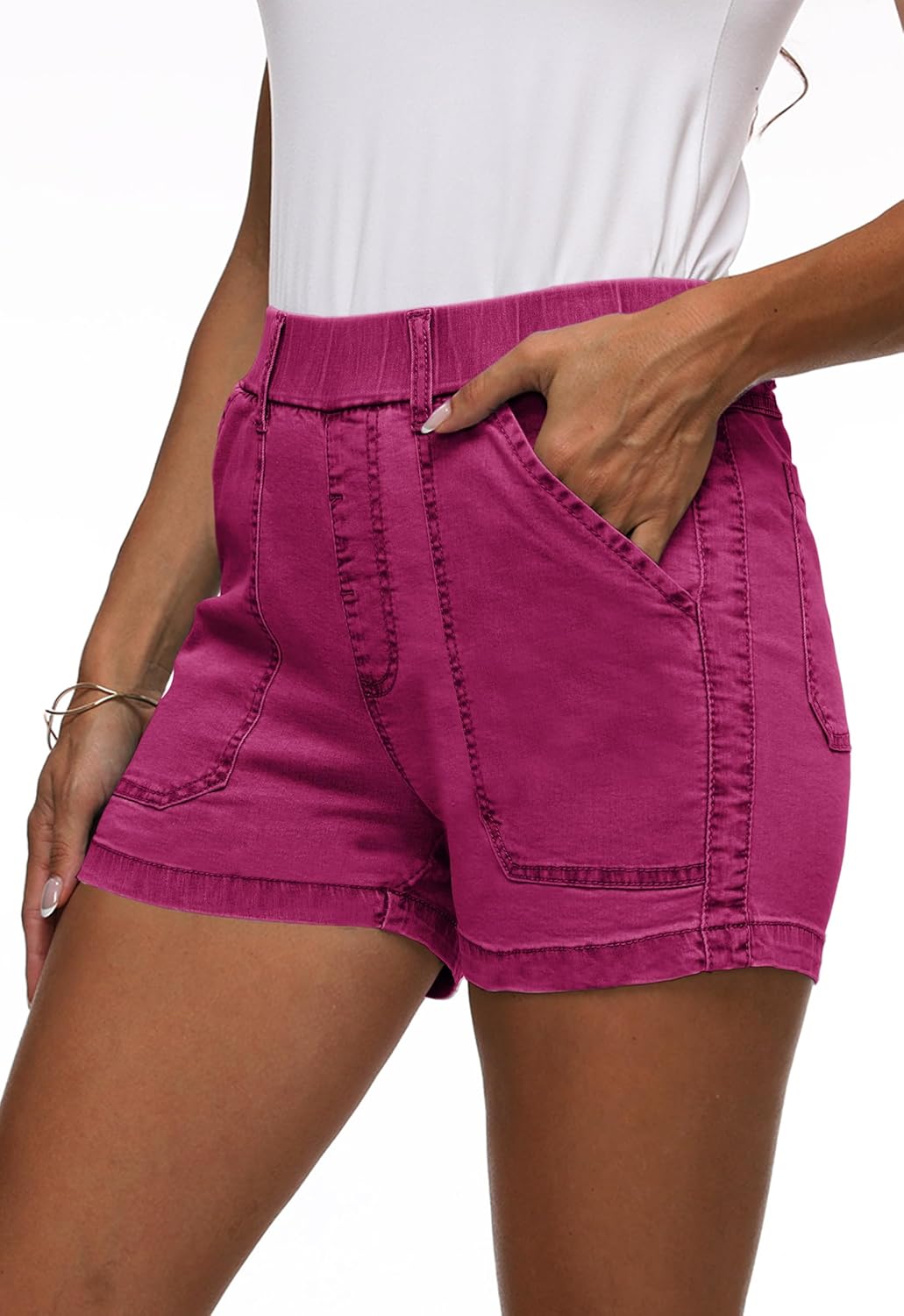 Womens Jean Shorts High Waisted Summer Cotton Elastic Waist Denim Shorts with Pockets