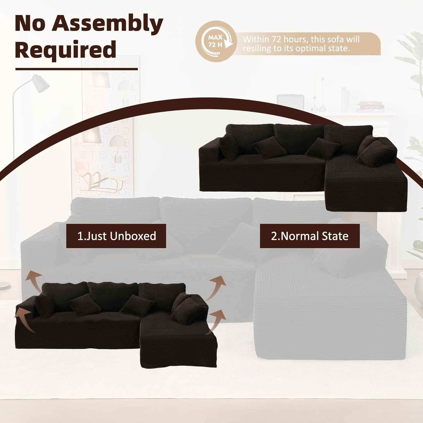 107" Boneless Couch with Deep Seat Cloud Sectional Couch for Living Room
