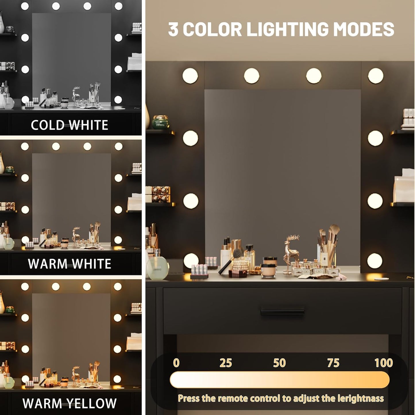 Furmax Vanity Desk with Mirror LED Lights and Power Outlet Makeup Vanity Table