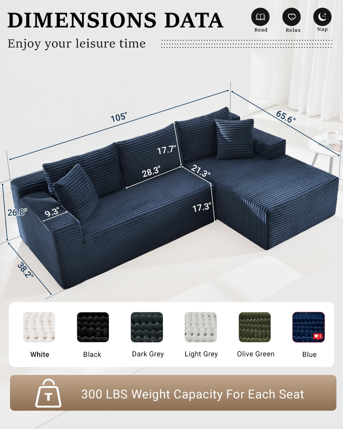 105 Inch Cloud Sectional Couch with Deep Seat