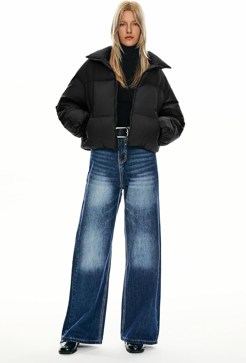 Womens Winter Oversized Cropped Puffer Jacket Zip Up Short Down Coat