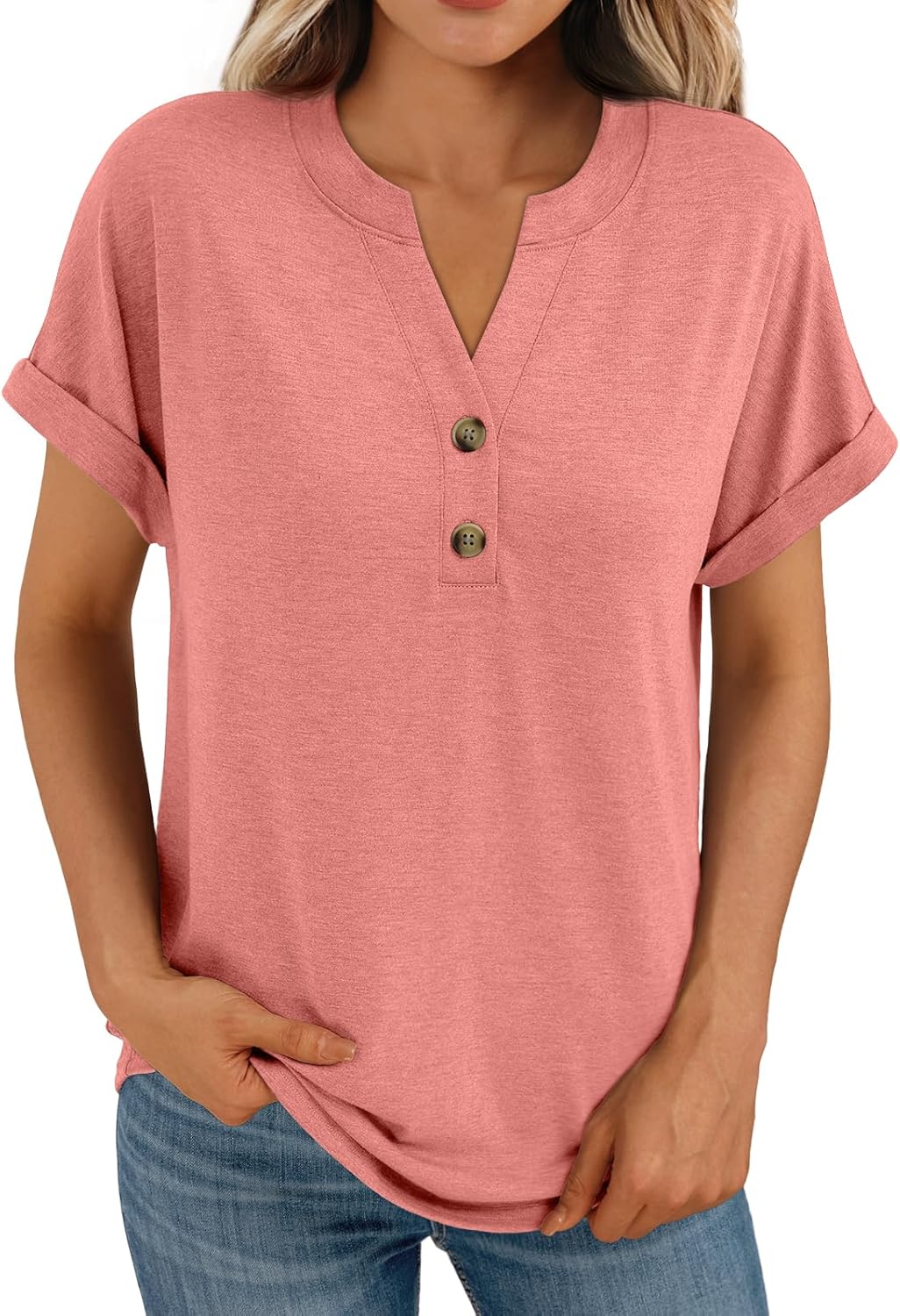 Women's Short Sleeve Shirts Henley Dressy Casual Summer Tops