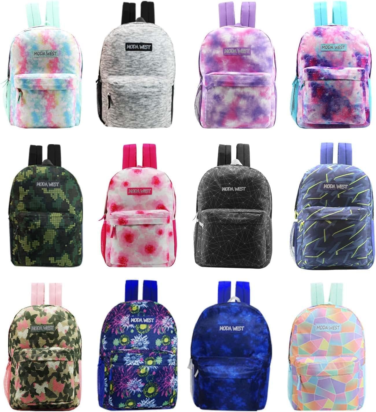 24 Pack 17 Inch Kids Backpacks in 20 Assorted Colors and Prints