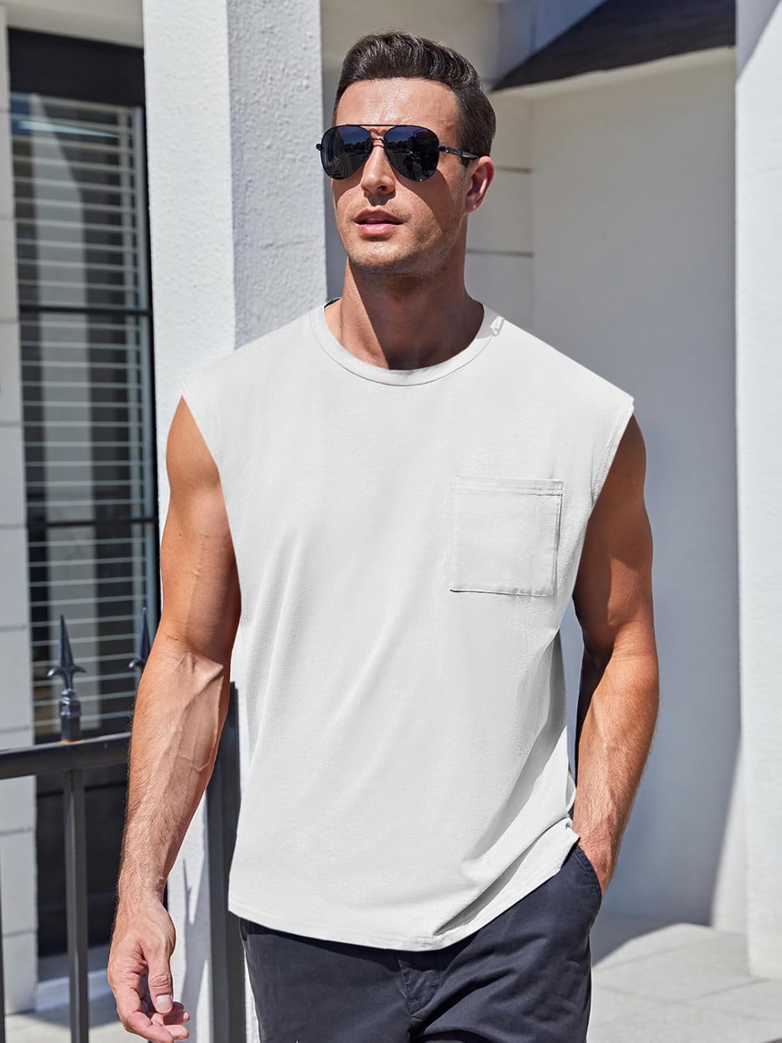Mens Sleeveless Tank Tops Workout Cut Off Shirts Muscle Gym T Shirts with Pocket