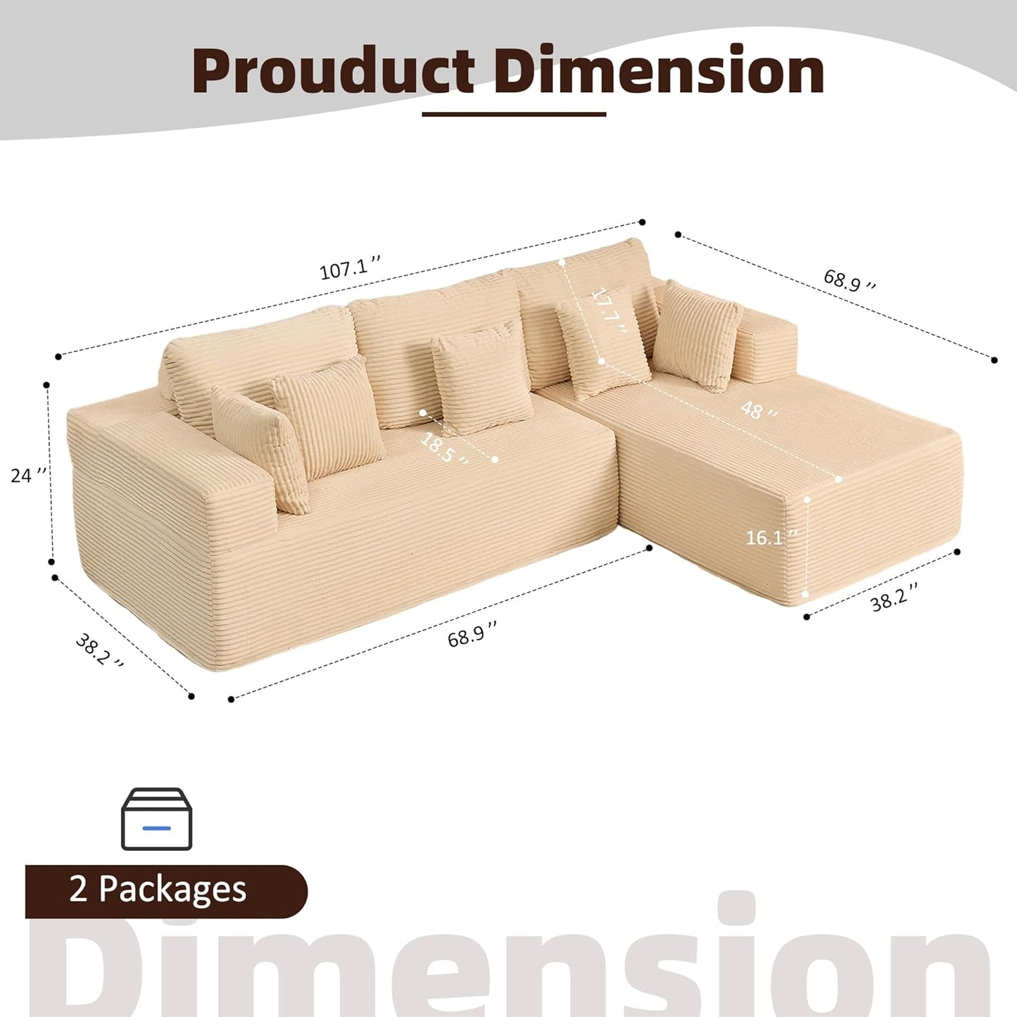107" Boneless Couch with Deep Seat Cloud Sectional Couch for Living Room