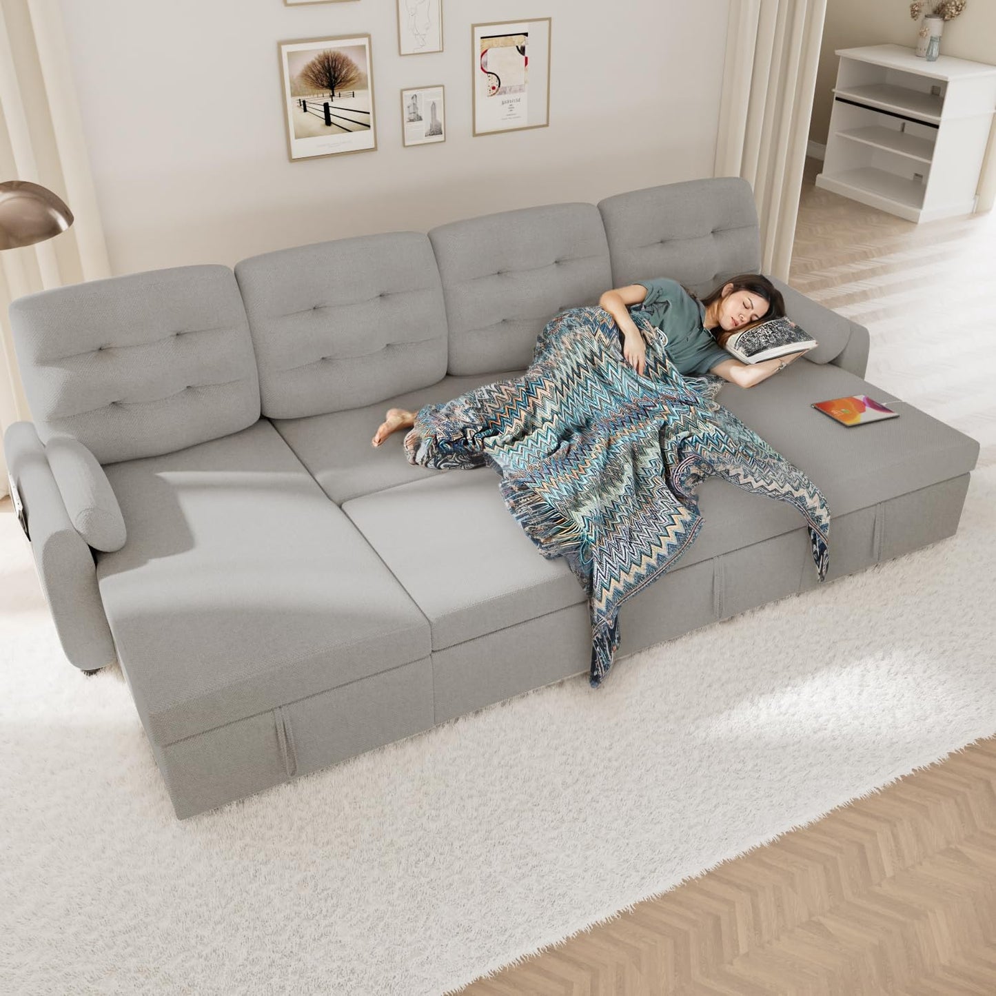 Sectional Sleeper Sofa with Storage Chaise USB Port, Side Pocket Removable Back 87" Couch in Black Linen