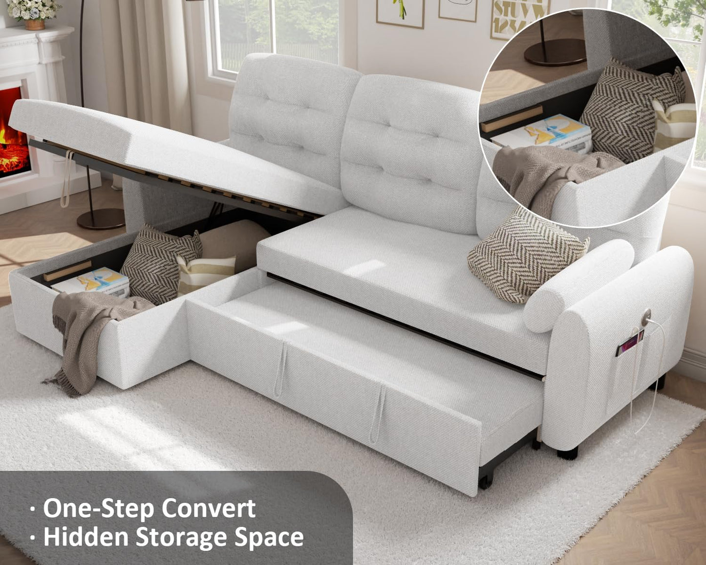 Sectional Sleeper Sofa with Storage Chaise USB Port, Side Pocket Removable Back 87" Couch in Black Linen