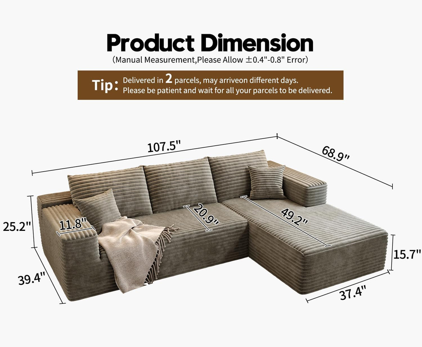 107.5" Cloud Modular Sectional Sofa with 1 Ottoman