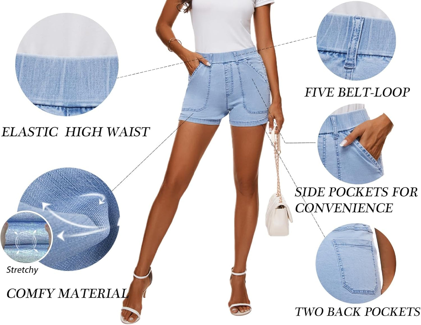 Womens Jean Shorts High Waisted Summer Cotton Elastic Waist Denim Shorts with Pockets