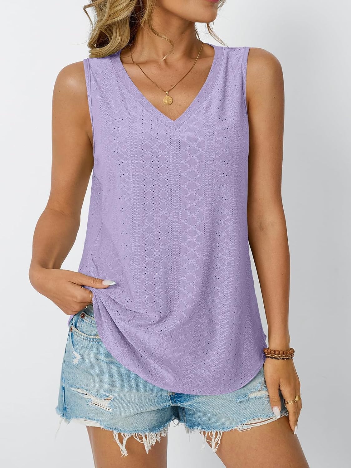 Womens Summer Tank Top Eyelet Embroidery V Neck Sleeveless Loose Fit Casual Shirt