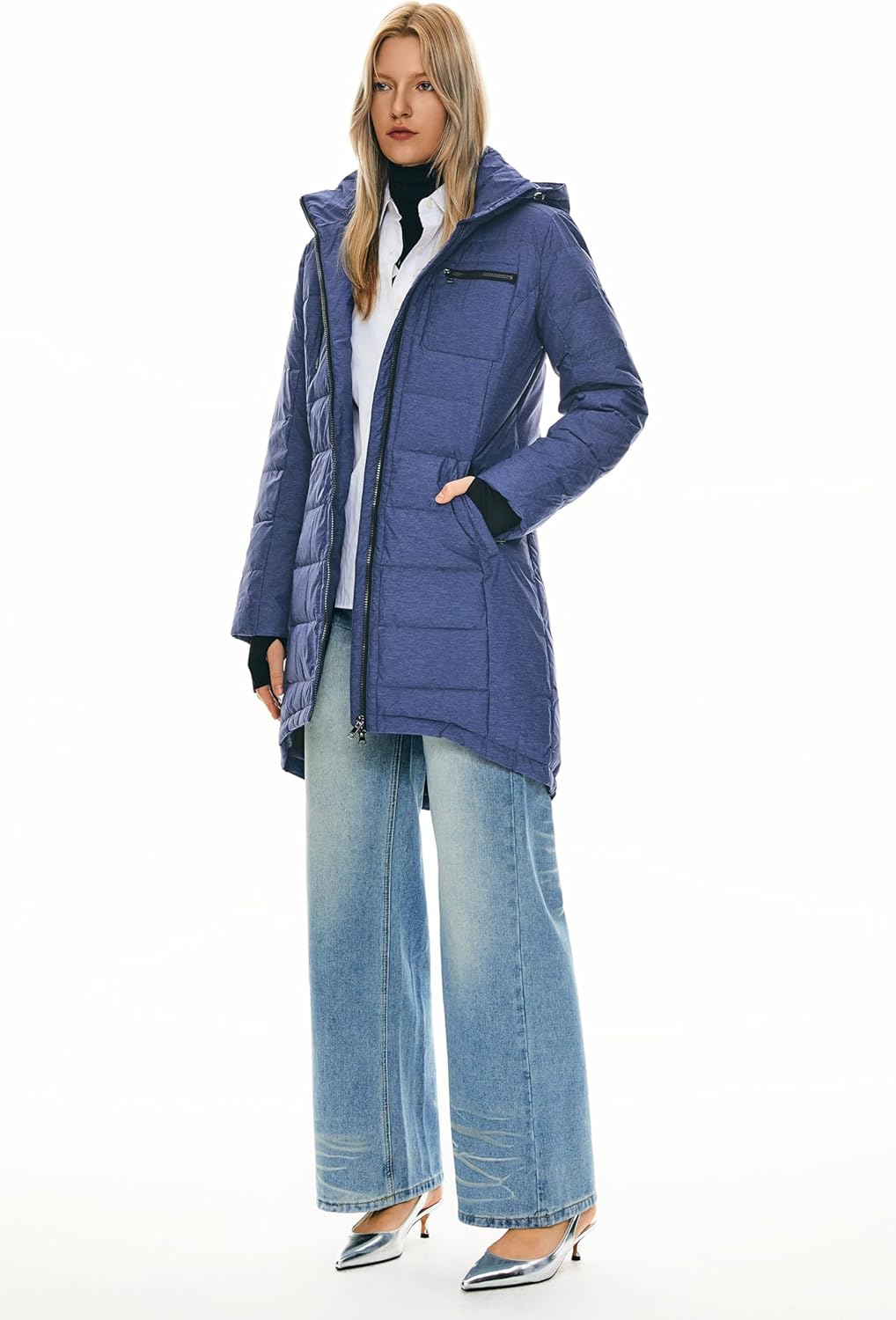 Womens Long Winter Down Jacket Hooded Quilted Puffer Coat Slim Fit Warm Outerwear
