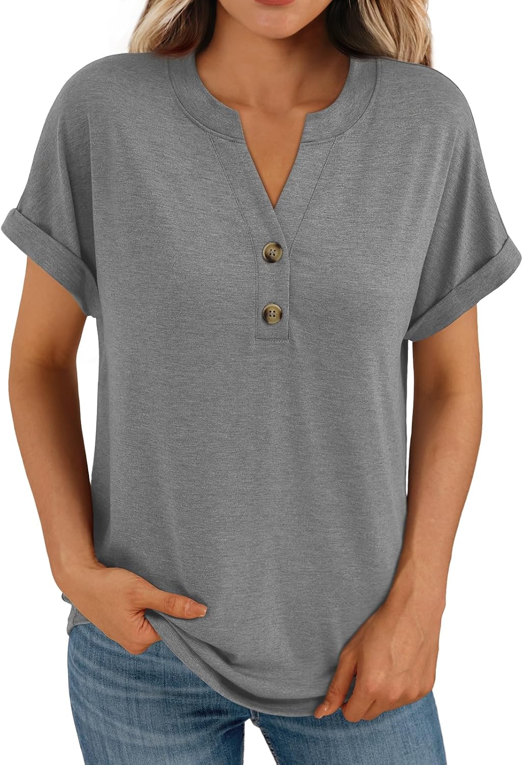 Women's Short Sleeve Shirts Henley Dressy Casual Summer Tops