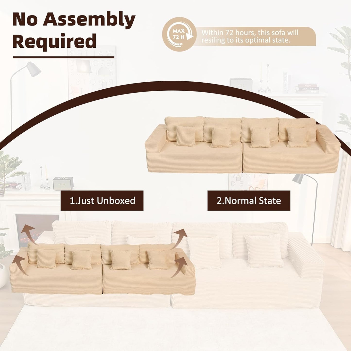 107" Boneless Couch with Deep Seat Cloud Sectional Couch for Living Room