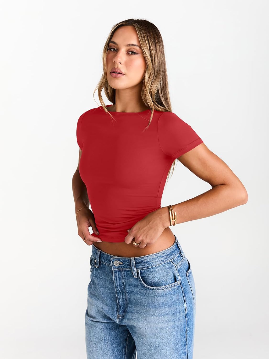 Womens Boat Neck Tops Short Sleeve T-Shirts Slim Fitted Compression