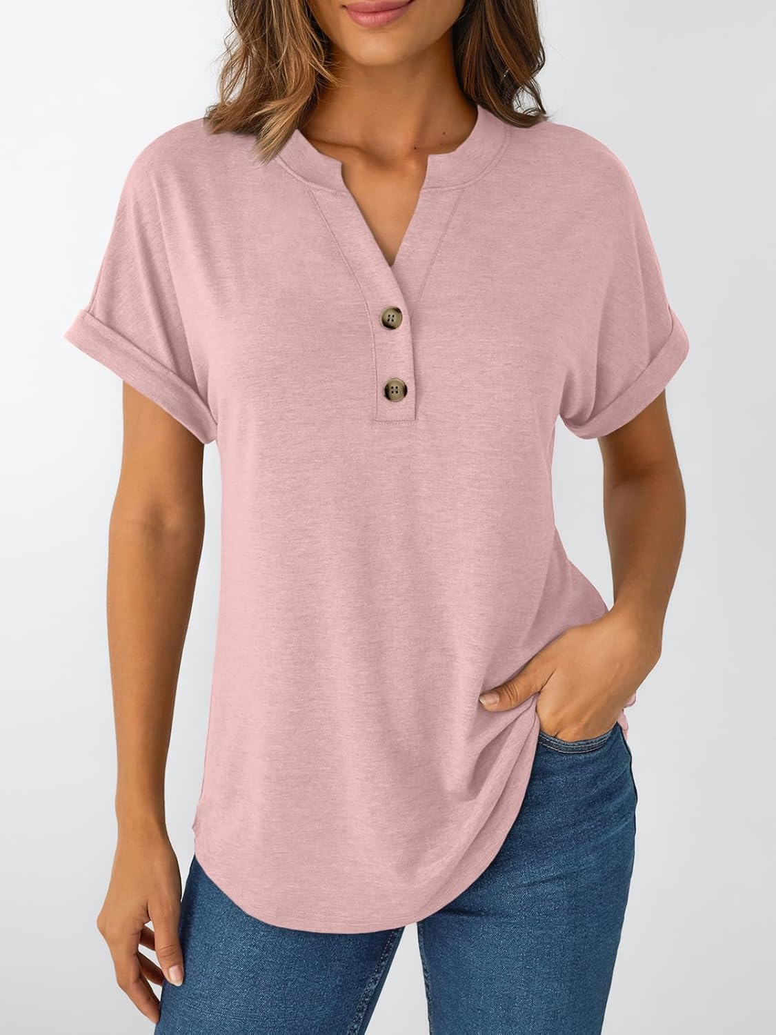 Women's Short Sleeve Shirts Henley Dressy Casual Summer Tops