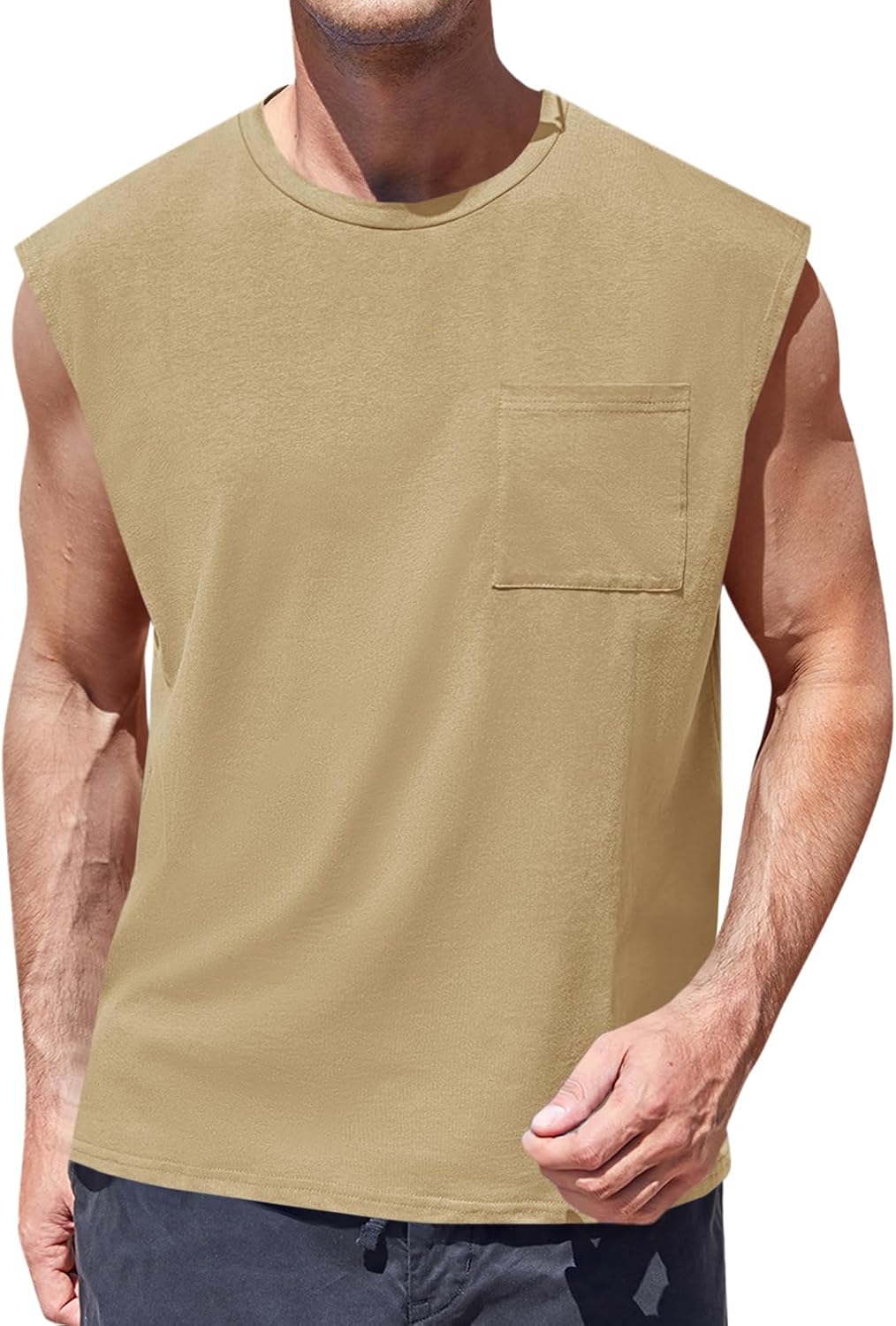 Mens Sleeveless Tank Tops Workout Cut Off Shirts Muscle Gym T Shirts with Pocket