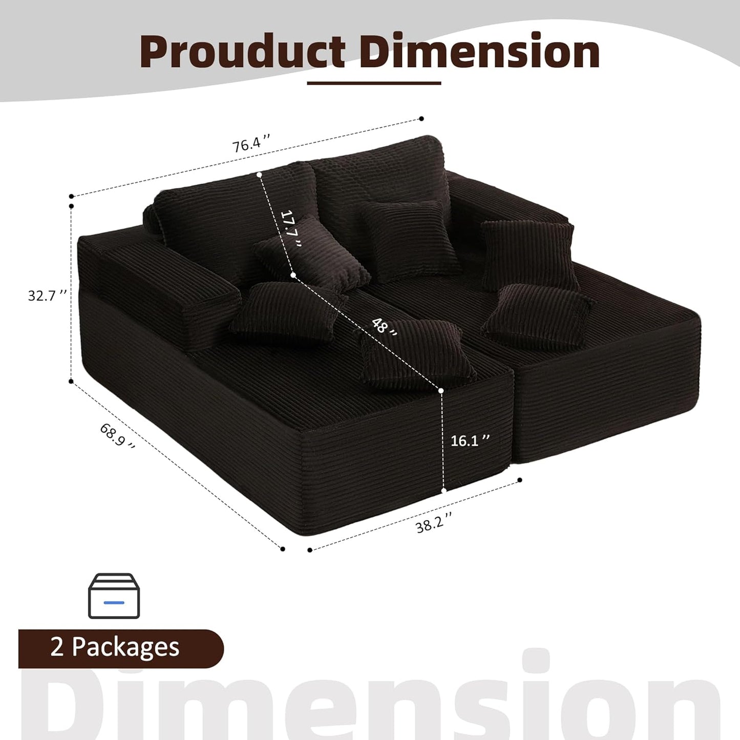 107" Boneless Couch with Deep Seat Cloud Sectional Couch for Living Room
