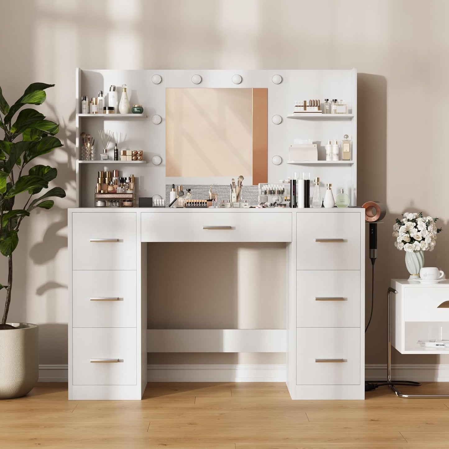 Furmax Vanity Desk with Mirror LED Lights and Power Outlet Makeup Vanity Table