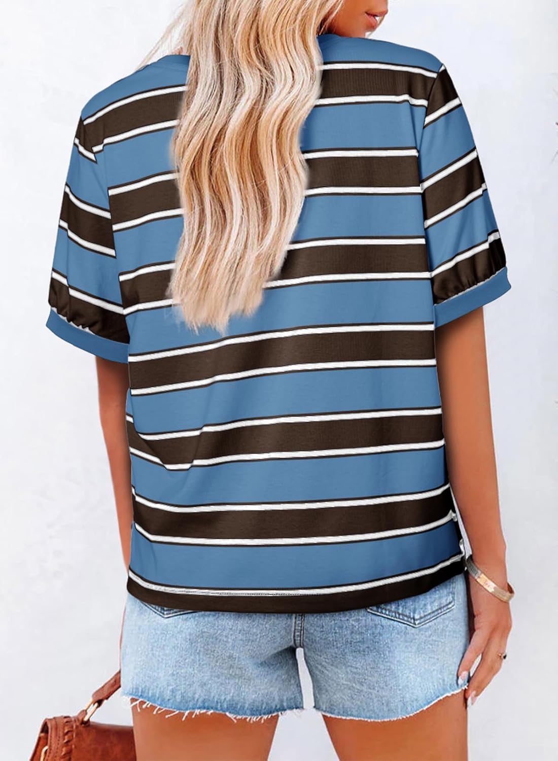 Striped Color Block Short Sleeve T-Shirts Crewneck Casual Loose Basic Tee Blouses